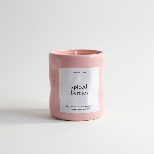 Spiced Berries pink Mother’s Day candle with black raspberry and peppercorn fragrance on a plain white background