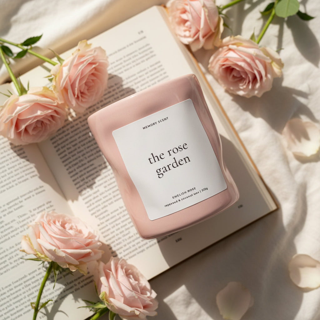 Pink candle labeled 'the rose garden' on an open book with pink roses around it.