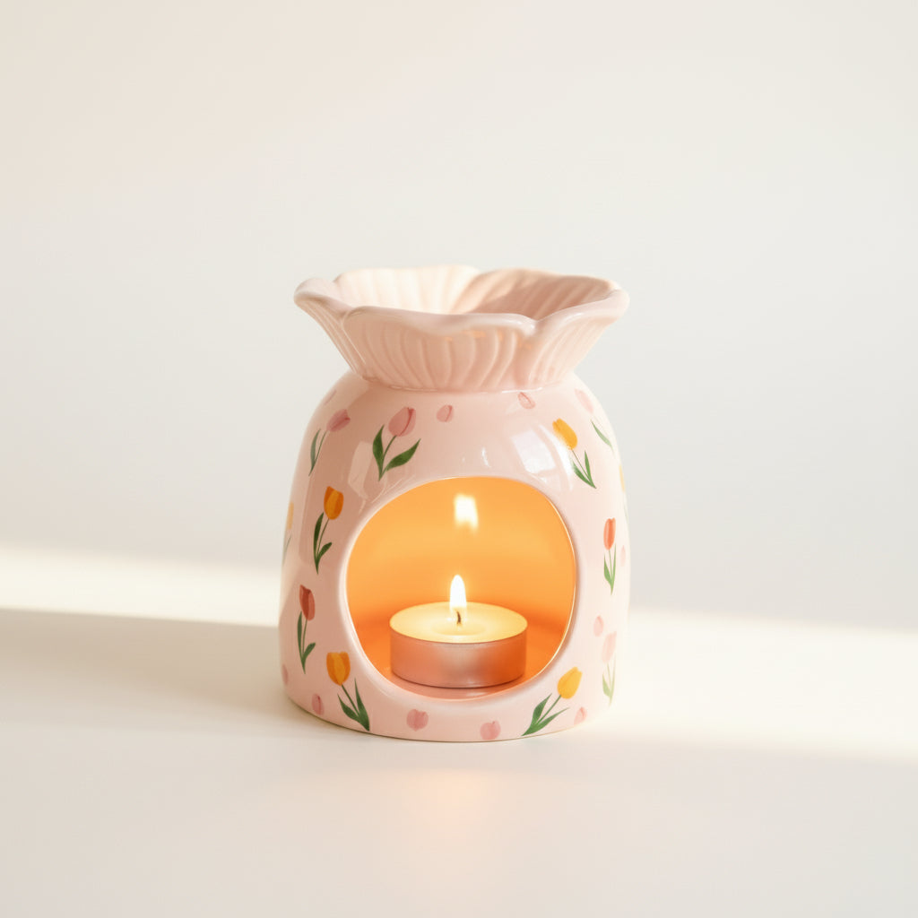 Pink ceramic oil / wax burner with tulip designs on a white background with a tealight lit inside