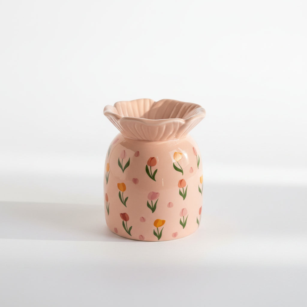 Back view of Tulip Fields pink ceramic wax burner with tulip pattern