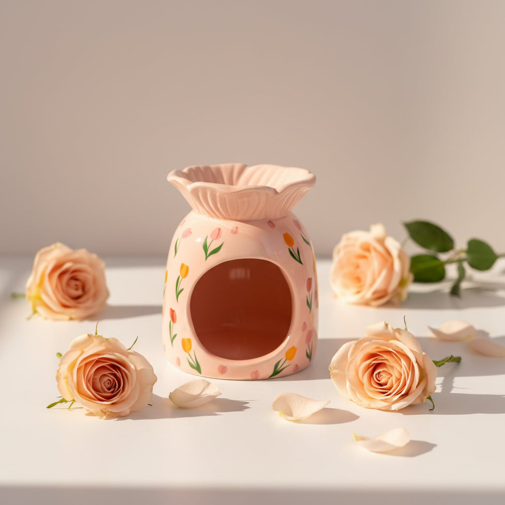 Pink tulip patterned wax burner with roses scattered around it on a light background
