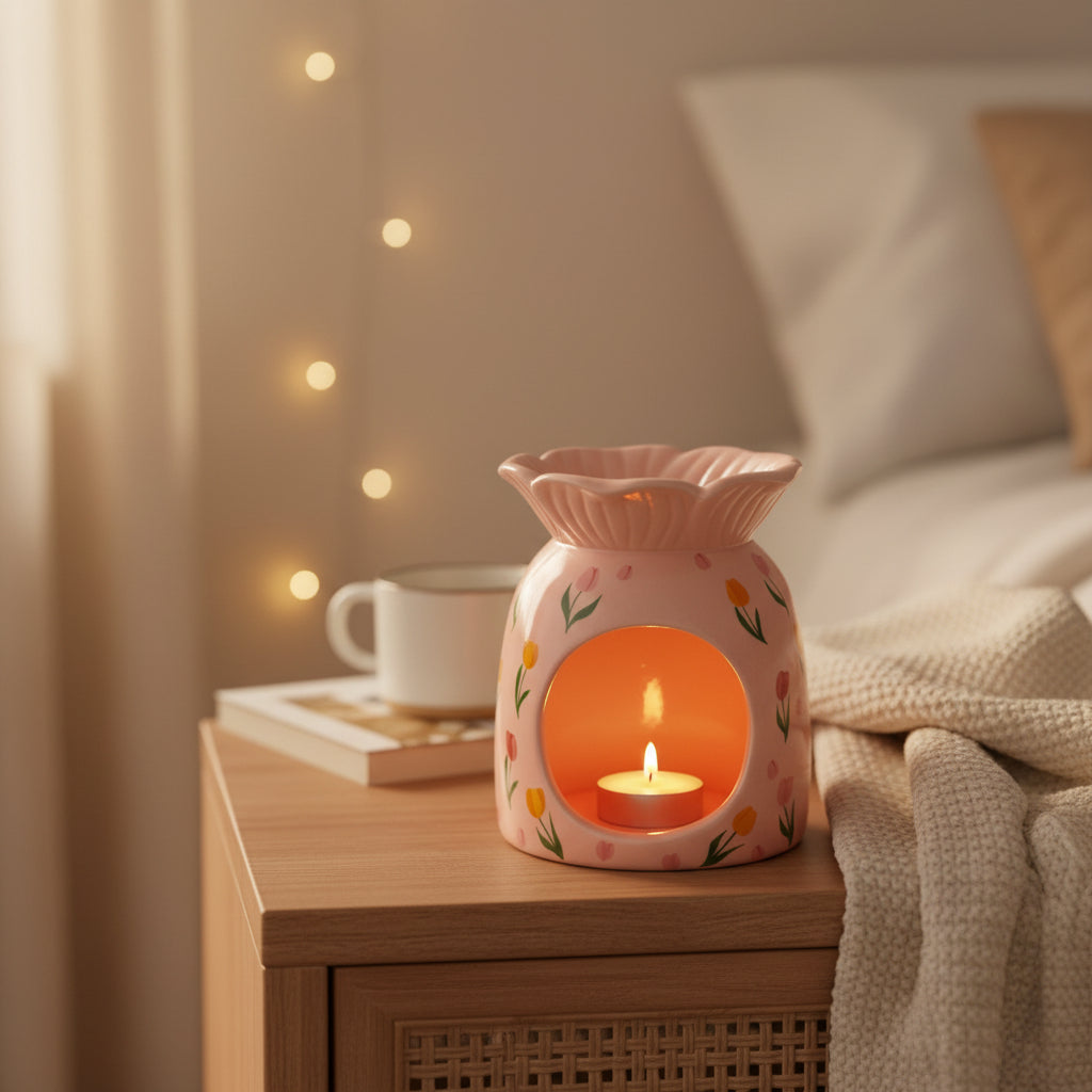 Lifestyle image of a tulip fields ceramic wax burner lit with tealight creating a cosy glow on a bedside table.